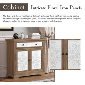 Accent Cabinet With Carved Floral Panels, Sideboard With Drawer And Double Doors - Antique Brown / White