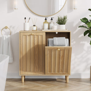 Sloping Laundry Basket With Removable Inner Bin, Concealed Storage Cabinet For Bathroom - Oak