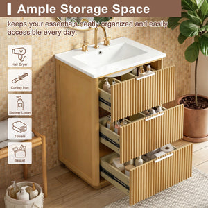 Bathroom Vanity With Sink, Open Shelf & Closed Storage - Natural Wood