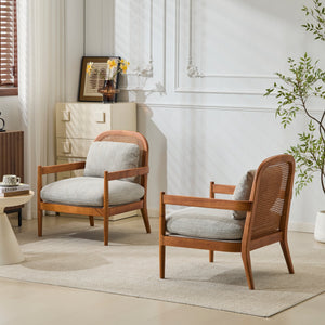 Elliston Rattan Backrest Solid Wood Accent Chair with Cushions - Set of 2
