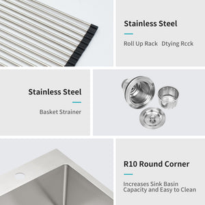 Drop In Kitchen Sink, 16 Gauge Stainless Steel, Single Bowl, Topmount Basin