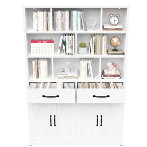 Bookcase Tall With 2 Doors & 2 Drawers, Fixed Open Shelves - White