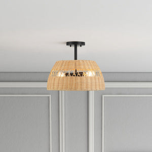 Twinkle - Double Lights Semi Flush With Shade - Black / Rattan