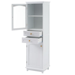 Tall Bathroom Storage Cabinet With Glass Doors, Free-Standing, Two Drawers, And Adjustable Shelves, Board, Painted Perfect For Displaying Your Favorite Items