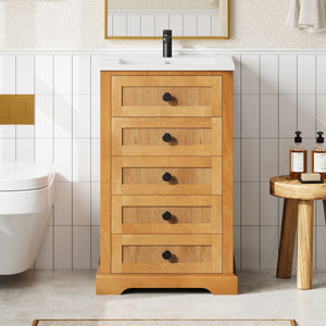 Bathroom Vanity With Integrated Sink, Soft-Closing Door - Natural Wood