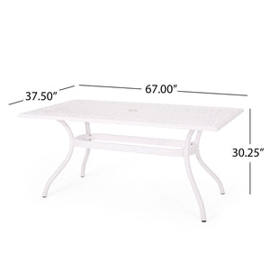 Celestine Outdoor Cast Aluminum Dining Table with Floral Lattice Design and Umbrella Holder