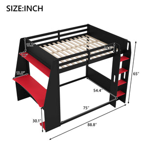 Full Size Wooden Gaming Bunk Bed with Desk, Two Storage Shelves, USB and LED Light