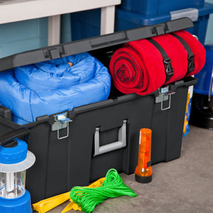 Sterilite Wheeled Footlocker, Lockable Plastic Storage Container with Wheels for Office Organization or Home Storage, Black