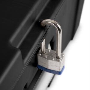 Sterilite Wheeled Footlocker, Lockable Plastic Storage Container with Wheels for Office Organization or Home Storage, Black