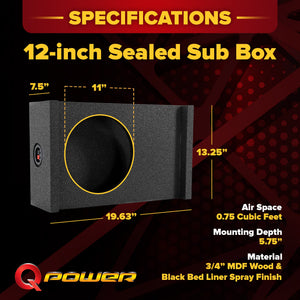 QPower Single 12 Inch Sub Enclosure, Universal Downfire/Behind Seat Speaker Box