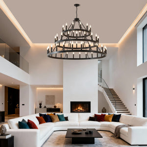3 Tiers Wagon Wheel Chandelier - 54-Light Matte Black Metal