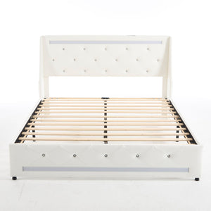 Wingback Upholstered Bed Frame With LED Lights, Charging Station