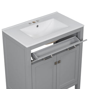 Bathroom Vanity With Ceramic Sink, Modern Single Bathroom Cabinet With 2 Doors And A Shelf, Soft Close Doors