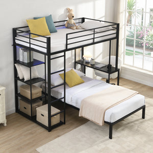 Metal Loft Bed Frame with LED Light Strip, Side Storage Shelves & Built-in Desk