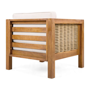 Outdoor Club Chair With Rope Arm And Cushions - Beige / Teak
