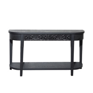 59.2in Black Carved Wooden Console Table with Lower Storage Shelf and Drawers
