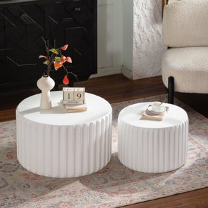 White Scalloped Round Coffee Table Set: Nesting Design, Elegant Curved-Edge Shape