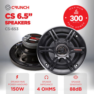 Crunch 300 Watts 6.5-Inch 3-Way 4 Ohms Steel Basket CS Speakers, Black | CS-653
