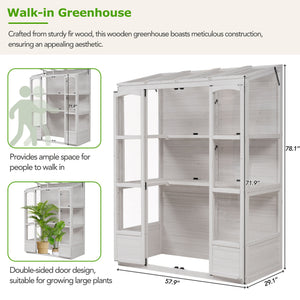 TOPMAX 78-Inch Wooden Greenhouse with Skylights and Folding Shelves