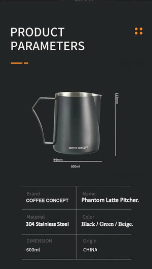 Phantom Precision Latte Art Pitcher – 600ml Narrow Spout for Advanced Patterns