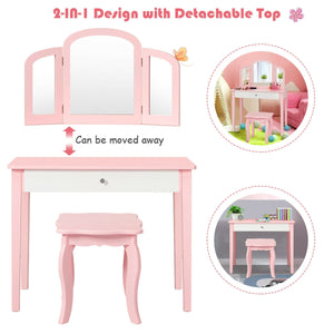 Kids Princess Make Up Dressing Table with Tri-folding Mirror and Chair
