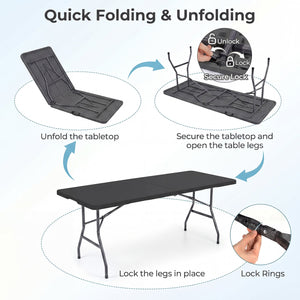 6 FT Fold-in-Half Camping Table with Rattan Texture