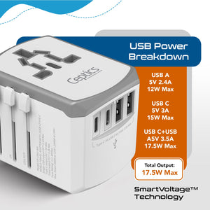 All-In-One International Travel Adapter - 5 in 1 - 2 USB-A & 2 USB-C - Max. 17.5W (3.5A) - White (UP-15KU-WH) - TRAPSKI
