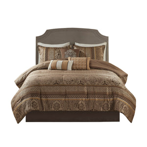7 Piece Jacquard Comforter Set - Brown/Gold Cal King