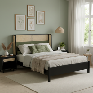 Queen Size Bed Frame with Plush Green Upholstered Headboard