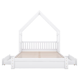 House Style Platform Bed With Guardrail And 2 Drawers
