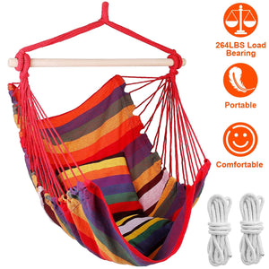 Hammock Hanging Chair Canvas Porch Patio Swing Seat Portable Camping Rope Seat Wooden Stick Hammock Chair with 2 Pillows 265LBS Load-bearing