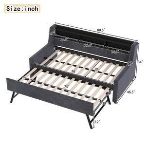 Twin Size Daybed With Trundle With LED Light ? Charging Station - Dark Gray