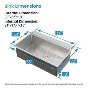 Stainless Steel Kitchen Sink, 33”x22” Single Bowl, Overmount, Brushed Finish