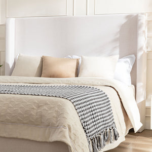 Hayden King Size Upholstered Wingback Bed with Textured Ivory Canvas and Tall 54' Headboard