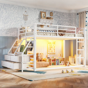 Twin Over Twin Bunk Bed with Storage Shelves and Drawers