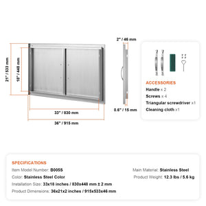 BBQ Access Door, 36W x 21H Inch Stainless Steel Outdoor Kitchen Door