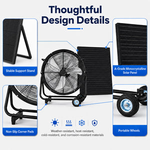 24 Inch Solar Floor-Standing Fan With Adjustable Solar Panel