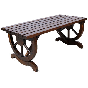 Outdoor Rustic Wooden Bench with Wagon Wheel Legs