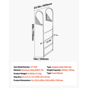 Flip-Up Dock Ladder, 4-Step, Heavy-Duty Aluminum Alloy Pontoon Boat Swim Ladder