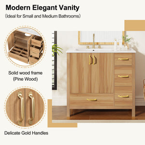 36" Bathroom Vanity, 2 Soft Close Doors, 4 Soft Close Drawers, Adjustable Shelf, Storage Cabinet - Acacia Wood