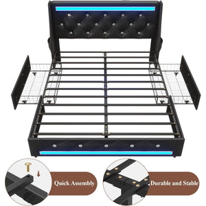 Wingback Upholstered Bed Frame With LED Lights, Charging Station