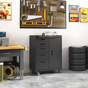 Metal Tool Garage Storage Cabinet with 5 Drawers and 1 Door