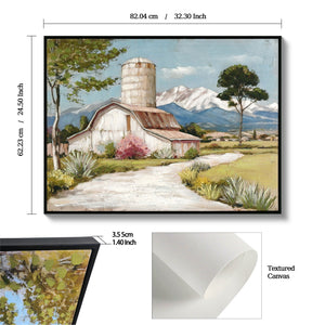 Framed Canvas Wall Art Beautiful Field Painting Wildflower Barn Print Nature Scenery Picture For Home - Blue / Pink