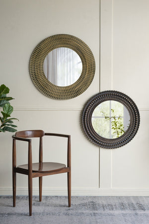 29.5" Round Gold and Black Wooden Accent Mirror with Woven Texture