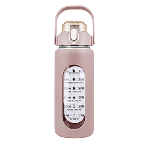 34Oz Glass Water Bottle Sports Water Bottle Motivational Water Bottle Water Intake Tracker Bottle with Straw Time Marker Silicone Sleeve Handle for Gy