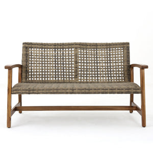 Outdoor Rattan Loveseat with Wooden Legs - Brown