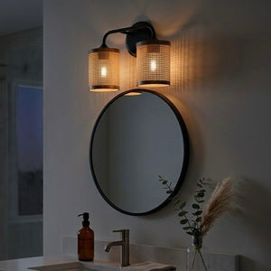 Quell - Double Light Vanity With Natural Shade Wall Lamp - Black / Rattan