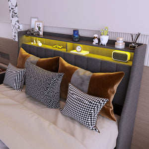 Bed With LED Lights, 4 Drawers, Winged Headboard Upholstered
