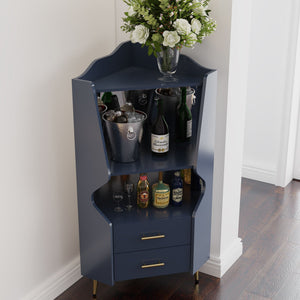 Corner Bar Cabinet With Mirrored Back, 2 Open Shelves & 2 Drawers