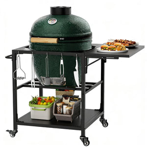 Outdoor Grill Table, Prep Cart With Wheels, Storage Shelf And Hooks - Black